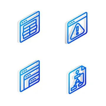 Set Isometric line Browser with exclamation mark, MySQL code, Software and Stock Illustration
