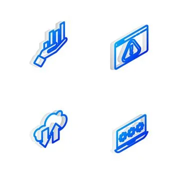 Set Isometric line Browser with exclamation mark, Pie chart infographic, Clou Stock Illustration