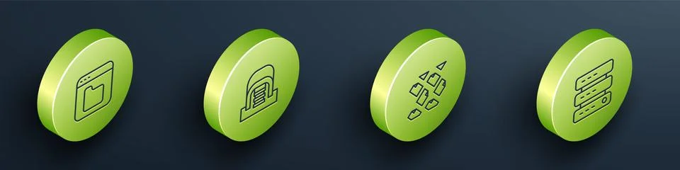 Set Isometric line Browser files, Hangar with servers, Data stream and Server 스톡 일러스트