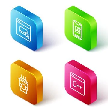 Set Isometric line Browser files, Mobile Apps, Coffee cup to go and Software Illustrazione stock