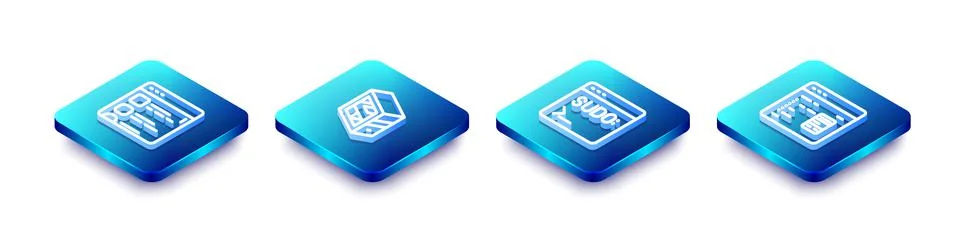 Set Isometric line Browser files, Computer, Code terminal and Software icon Illustrazione stock