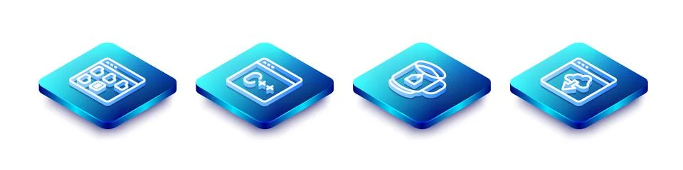 Set Isometric line Browser files, Software, Cup tea with tea bag and Cloud Illustrazione stock