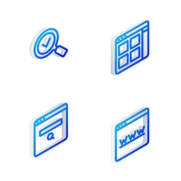 Set Isometric line Browser files, Magnifying glass with check mark, Search Illustrazione stock