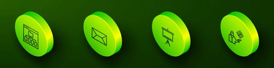 Set Isometric line Browser files, Envelope, Chalkboard and Marketing target Stock Illustration