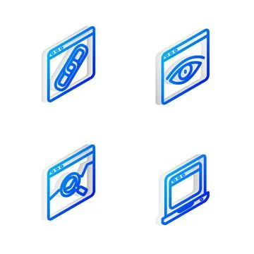Set Isometric line Browser incognito window, Website with stocks market and Stock Illustration