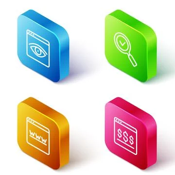 Set Isometric line Browser incognito window, Magnifying glass with check mark Stock Illustration