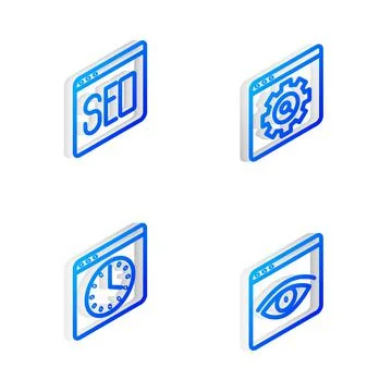 Set Isometric line Browser setting, SEO optimization, window and incognito icon 스톡 일러스트