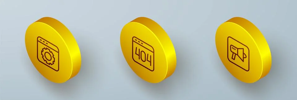 Set Isometric line Browser setting, Page with a 404 error and Megaphone icon Stock Illustration