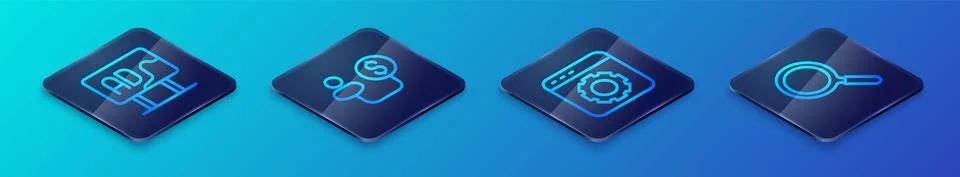 Set Isometric line Browser setting, Advertising, Magnifying glass and Human and Stock Illustration