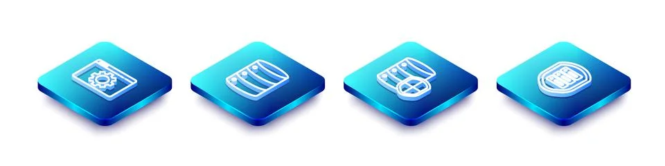 Set Isometric line Browser setting, Server, Data, Web Hosting, with shield an Illustrazione stock