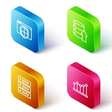 Set Isometric line Browser with shield, Server, Data, Web Hosting, and Pie chart Illustrazione stock