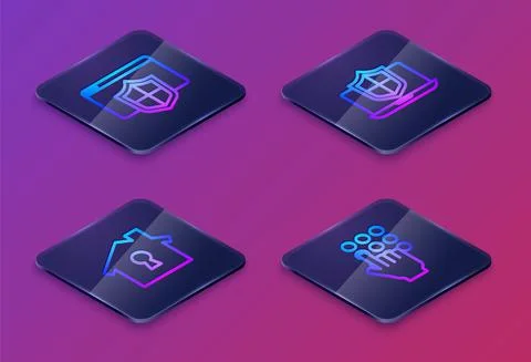 Set Isometric line Browser with shield, House under protection, Laptop protected Stock Illustration