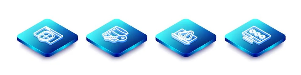 Set Isometric line Browser with shield, Server security key, Laptop exclamation Illustrazione stock