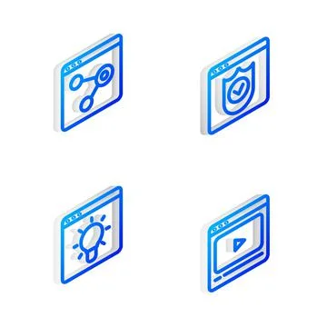 Set Isometric line Browser with shield, window,  and Online play video icon.  Stock Illustration