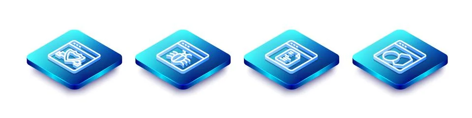 Set Isometric line Browser with shield, System bug, Software and icon. Vector Stock Illustration