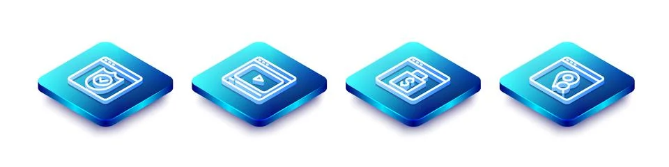 Set Isometric line Browser with shield, Online play video, shopping on screen Stock Illustration