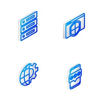 Set Isometric line Browser with shield, Server, Data, Web Hosting, Globe of t Illustrazione stock