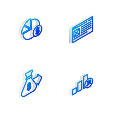 Set Isometric line Browser window, Pie chart and dollar, Money bag and Financial Stock Illustration