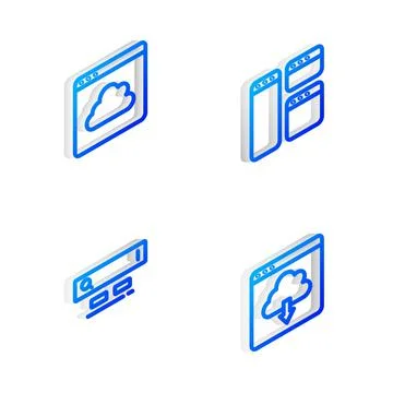 Set Isometric line Browser window, Cloud technology data transfer, Search engine Illustrazione stock