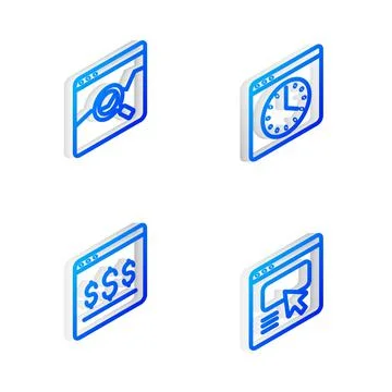 Set Isometric line Browser window, Website with stocks market, Online shoppin Stock Illustration