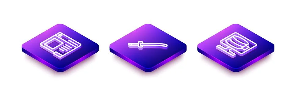 Set Isometric line Browser window, Katana and Cloud database icon. Vector Stockillustratie