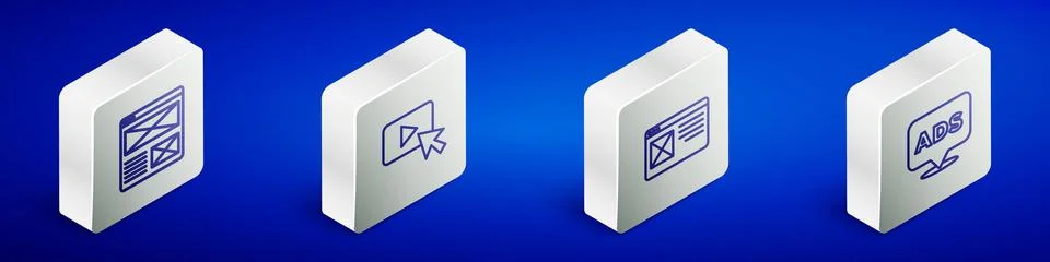 Set Isometric line Browser window, Advertising, and icon. Vector 库存插图