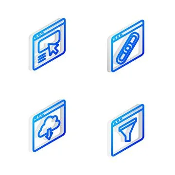 Set Isometric line Browser window UI or UX design Cloud download and icon. Ve Stock Illustration