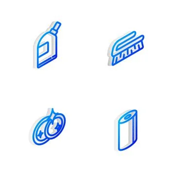 Set Isometric line Brush for cleaning, Bottles agent, Washing dishes and Pape Stock Illustration
