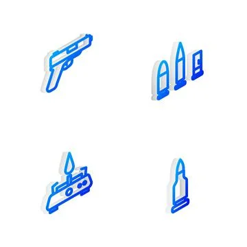 Set Isometric line Bullet and cartridge, Pistol or gun, Camping gas stove a.. Stock Illustration
