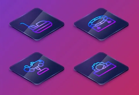 Set Isometric line Bumper car, Swing, Jumping trampoline and Ferris wheel. .. Stock Illustration