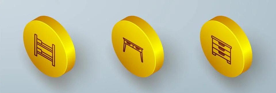 Set Isometric line Bunk bed, Office desk and Chest of drawers icon. Vector Stock Illustration