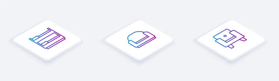 Set Isometric line Bunk bed, Armchair and . White square button. Vector Stock Illustration