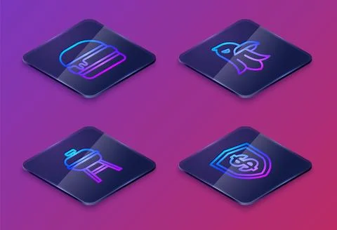 Set Isometric line Burger, Barbecue grill, Eagle and Shield with dollar. Blue Stock Illustration