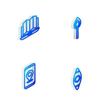 Set Isometric line Burning match with fire, Location of the forest laptop, Ci Stock Illustration