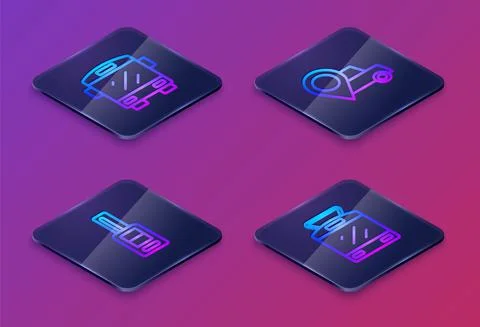 Set Isometric line Bus, Car key with remote, Location taxi and Tram and railway Stock-Illustration