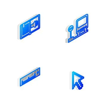 Set Isometric line Bus stop, Audio book, Ruler and Pixel arrow cursor icon Stock Illustration