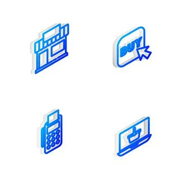Set Isometric line Buy button, Shopping building or market store, POS terminal Ilustración de archivo