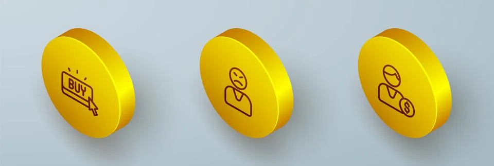Set Isometric line Buy button, Angry customer and Buyer icon. Vector Ilustración de archivo