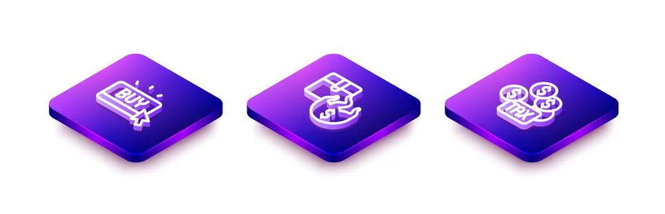 Set Isometric line Buy button, Hot price and Tax payment icon. Vector Stock Illustration