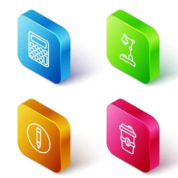 Set Isometric line Calculator, Table lamp, Pencil and Coffee cup go icon. V.. Stock Illustration