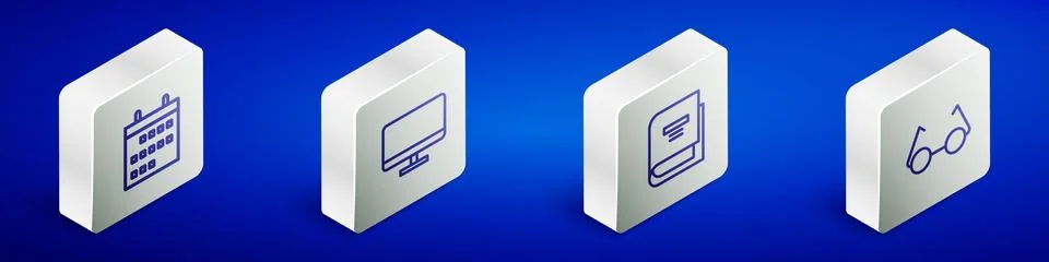 Set Isometric line Calendar, Computer monitor screen, Book and Glasses icon Illustrazione stock