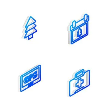 Set Isometric line Calendar with tree, Tree, Gps device map and First aid kit Illustrazione stock