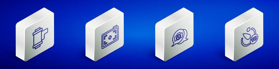 Set Isometric line Camera roll cartridge, Photo camera, and timer icon. Vecto Stock-Illustration
