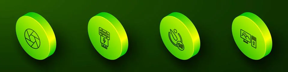 Set Isometric line Camera shutter, Photo camera flash, timer and retouching icon Stock Illustration