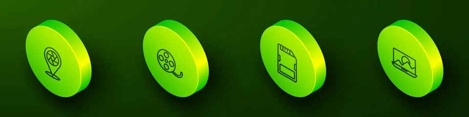 Set Isometric line Camera shutter, Film reel, SD card and Photo retouching icon Illustrazione stock