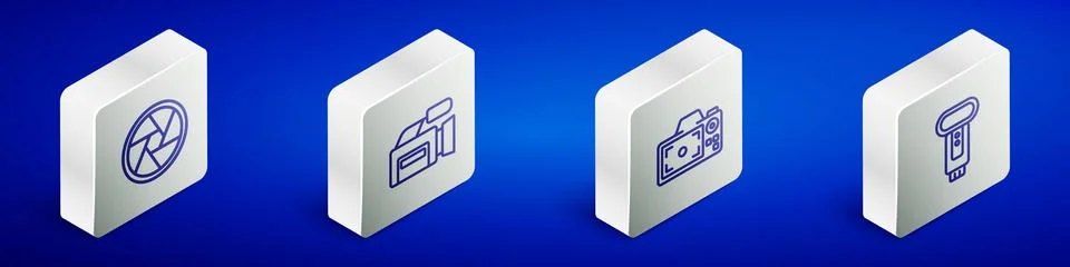 Set Isometric line Camera shutter, Cinema camera, Photo and flash icon. Vector Illustrazione stock