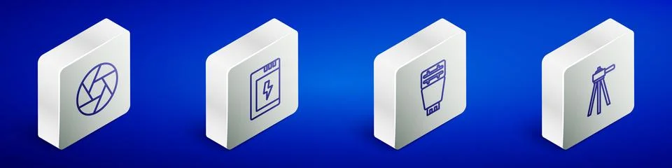 Set Isometric line Camera shutter, Battery for camera, Photo flash and Trip.. Stock Illustration