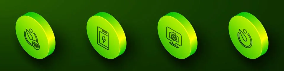 Set Isometric line Camera timer, Battery for camera, Photo and icon. Vector Stock Illustration