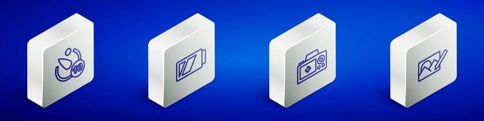 Set Isometric line Camera timer, Battery for camera, Photo and retouching i.. Illustrazione stock