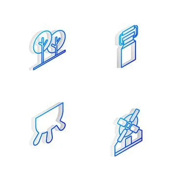 Set Isometric line Can container for milk, Tree, Udder and Windmill icon. Vector Stock Illustration